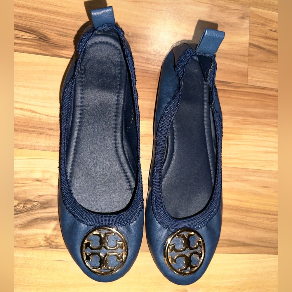 Tory Burch Navy Flats with Gold Emblem